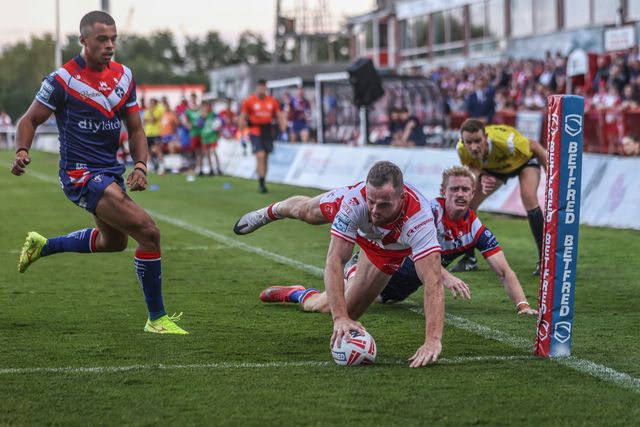 Joe Burgess of Hull KR goes over for a try during the Betfred Super League round 16 match Hull KR vs Wakefield Trinity at Sewell Group Craven Park, Kingston upon Hull, United Kingdom, 27th June 2025

(Photo by Alfie Cosgrove/News Images)