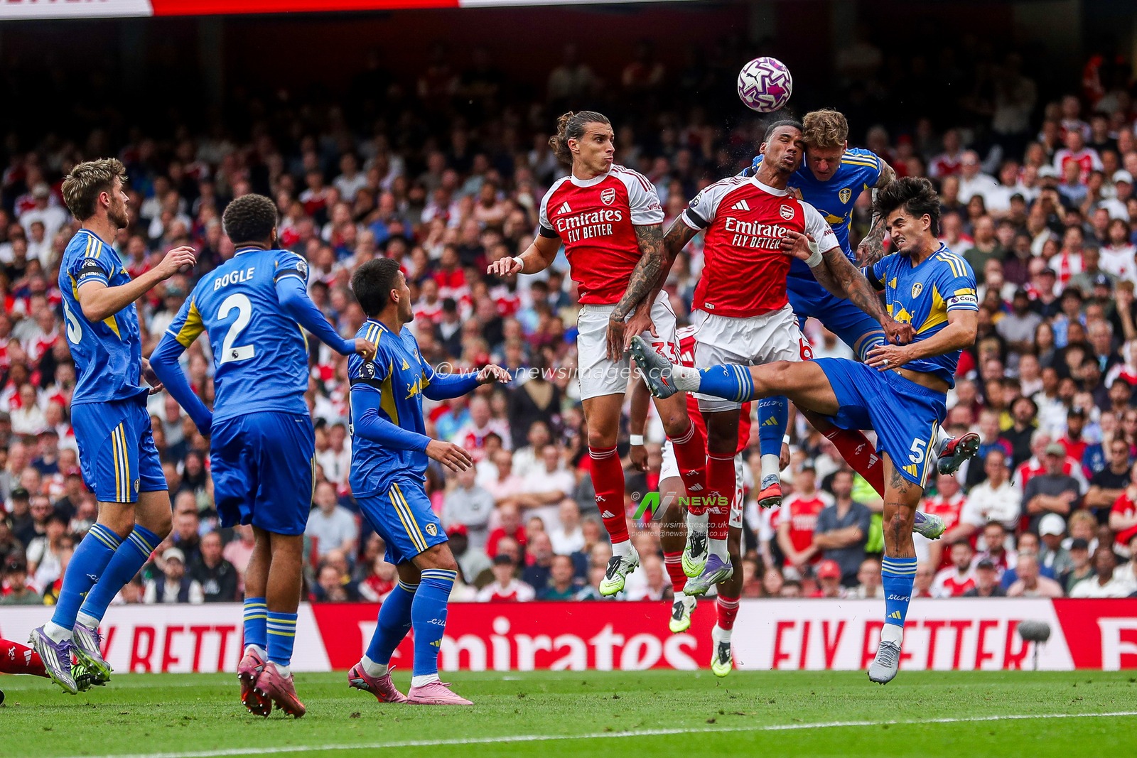Gabriel Magalhaes of Arsenal heads the ball during the Premier League match Arsenal vs Leeds United at Emirates Stadium, London, United Kingdom, 23rd August 2025

(Photo by Izzy Poles/News Images)