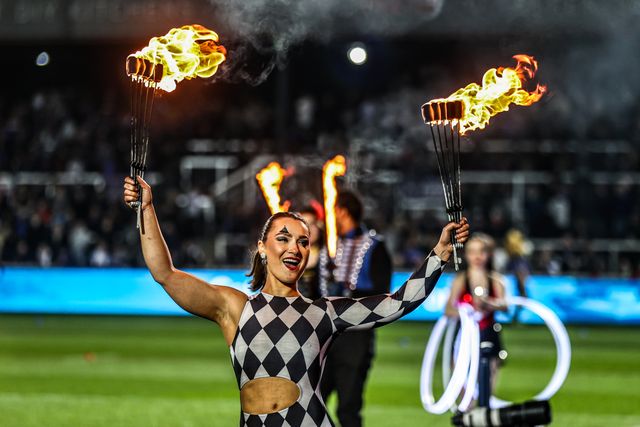 Pre-match entertainment ahead of the Betfred Super League round 5 match Wakefield Trinity vs Leigh Leopards at DIY Kitchens Stadium, Wakefield, United Kingdom on 20 March 2026

(Photo by Alfie Cosgrove/News Images)