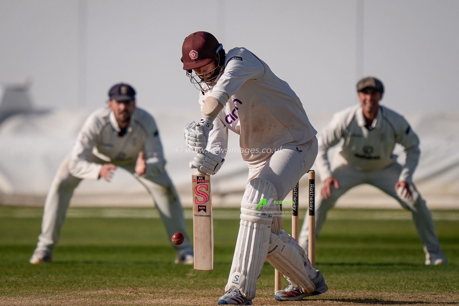 George Scrimshaw  defends the ball during the County Championship Division Two Derbyshire vs Northamptonshire day four match at The Central Co-Op County Ground, Derby, United Kingdom on 11 May 2026

(Photo by Maynard Manyowa/News Images)