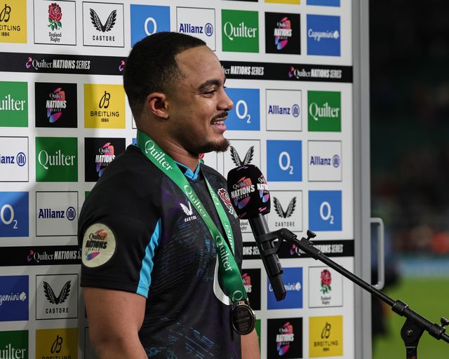 Man of the match Max Ojomoh of England during the Quilter Nations Series 2025 match England vs Argentina at Allianz Stadium, Twickenham, United Kingdom, 23rd November 2025

(Photo by Mark Cosgrove/News Images)

*** GER AUT SUI OUT ***