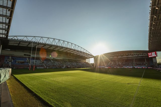 A general view of the Brick Community Stadium ahead of the Betfred Super League round 22 match Wigan Warriors vs Hull KR at The Brick Community Stadium, Wigan, United Kingdom, 15th August 2025

(Photo by Alfie Cosgrove/News Images)