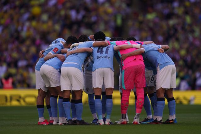 Man City players huddle before kick off during the Emirates FA Cup Semi-Final match Manchester City vs Southampton at Wembley Stadium, London, United Kingdom on 25 April 2026

(Photo by Harvey Murphy/News Images)