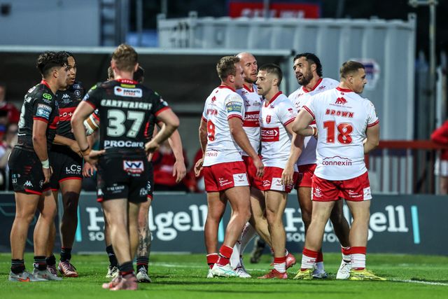 Dean Hadley of Hull KR celebrates his try during the Betfred Super League round 12 match Hull KR vs Wigan Warriors at Sewell Group Craven Park, Hull, United Kingdom on 21 May 2026

(Photo by Alfie Cosgrove/News Images)