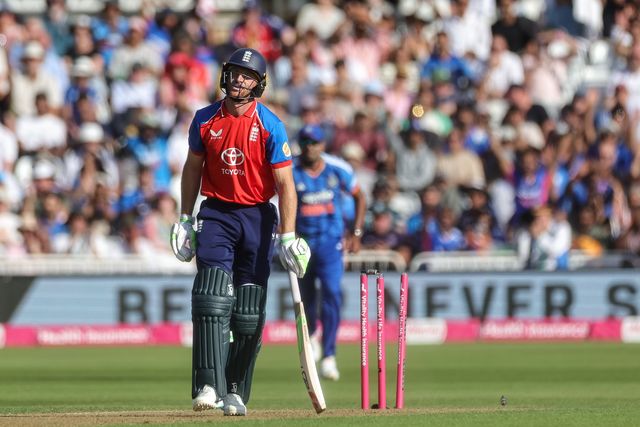 Jos Buttler of England reacts after Prince Yadav of India takes his wicket during the Third Vitality T20 International match England vs India at Trent Bridge, Nottingham, United Kingdom on 07 July 2026

(Photo by Mark Cosgrove/News Images)