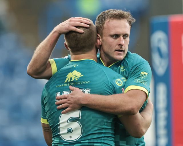 Mikey Lewis of Hull KR celebrates his try with Jez Litten during the Betfred Super League Round 4 match Huddersfield Giants vs Hull KR at Accu Stadium, Huddersfield, United Kingdom on 08 March 2026

(Photo by Mark Cosgrove/News Images)