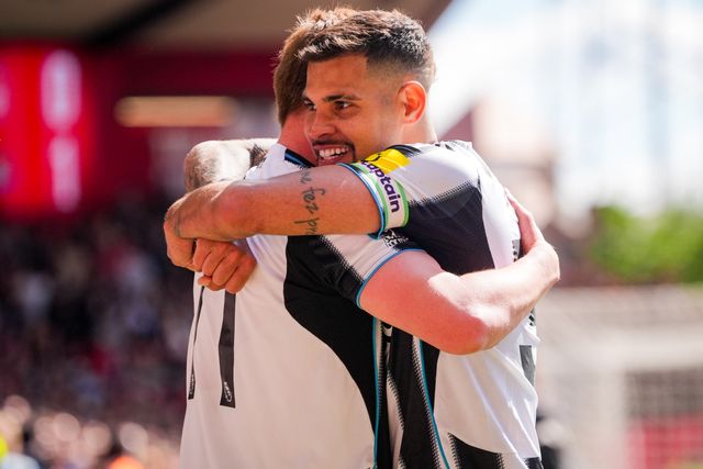 Harvey Barnes of Newcastle United celebrates his goal to make it  1-0 with Bruno Guimaraes of Newcastle United during the Premier League match Nottingham Forest vs Newcastle Untied at City Ground, Nottingham, United Kingdom on 10 May 2026

(Photo by Maynard Manyowa/News Images)