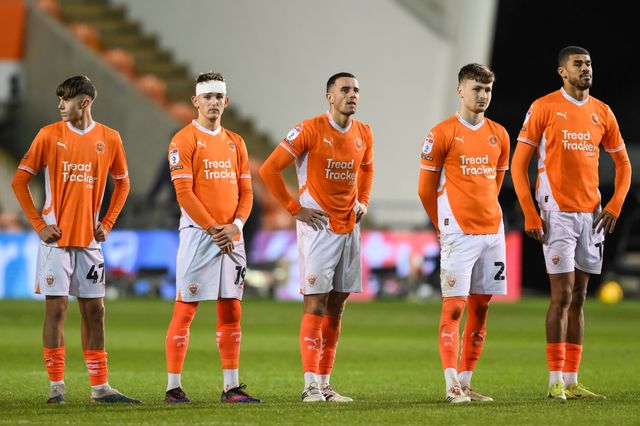 Blackpool players wait to take there penalties during the penalty shootout during the Vertu Trophy match Blackpool vs Aston Villa U21 at Bloomfield Road, Blackpool, United Kingdom, 17th December 2024

(Photo by Craig Thomas/News Images)