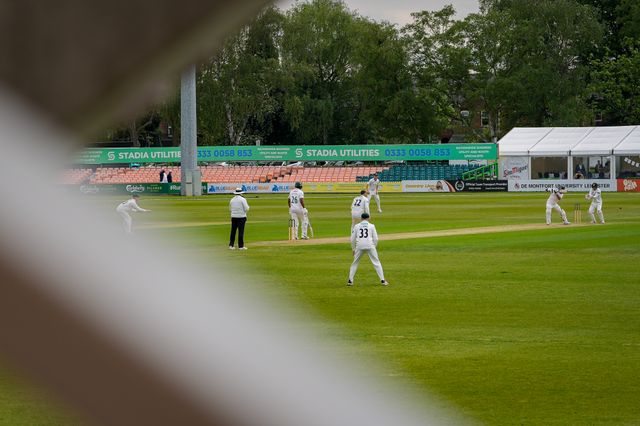 A general view of the players as Jake Weatherald cuts the ball during the County Championship Division One day 3 Leicestershire vs Nottinghamshire at Grace Road, Leicester, United Kingdom on 03 May 2026

(Photo by Maynard Manyowa/News Images)
