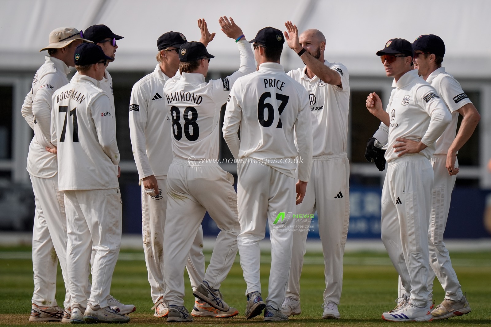 Gabe Bell celebrates his lbw wicket of Harry Came during the County Championship Division Two Derbyshire v Gloucestershire at The Central Co-Op County Ground, Derby, United Kingdom on 26 April 2026

(Photo by Maynard Manyowa/News Images)