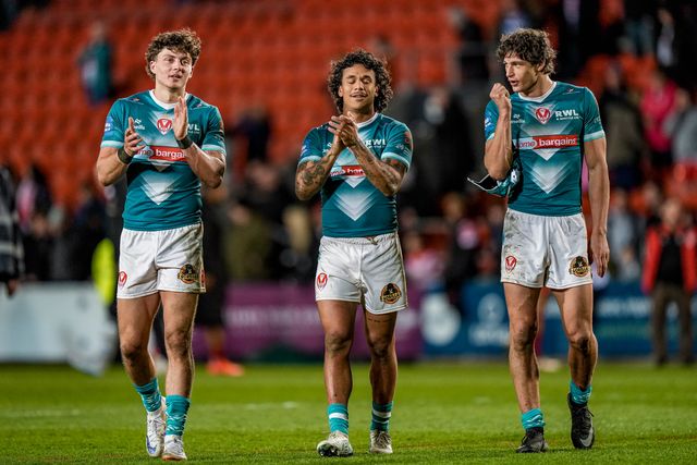 Owen Dagnall of St Helens, Harry Robertson of St Helens and Tristan Sailor of St Helens applaud the fans  during the Betfred Challenge Cup Quarter Final match St Helens vs Catalans Dragons at The BrewDog Stadium, St Helens, United Kingdom on 10 April 2026

(Photo by Maynard Manyowa/News Images)