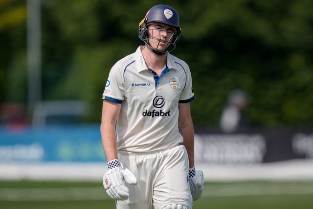 Martin Andersson  of Derbyshire walks off dejected after losing his wicket during the county Championship Division Two day 4 Derbyshire vs Gloucestershire at The Central Co-Op County Ground, Derby, United Kingdom on 27 April 2026

(Photo by Maynard Manyowa/News Images)