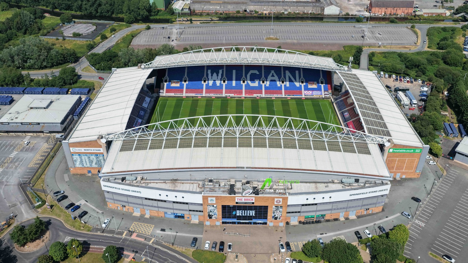 An aerial view of The Brick Community Stadium during the Betfred Super League round 18 match Wigan Warriors vs Warrington Wolves at The Brick Community Stadium, Wigan, United Kingdom on 10 July 2026

(Photo by Mark Cosgrove/News Images)