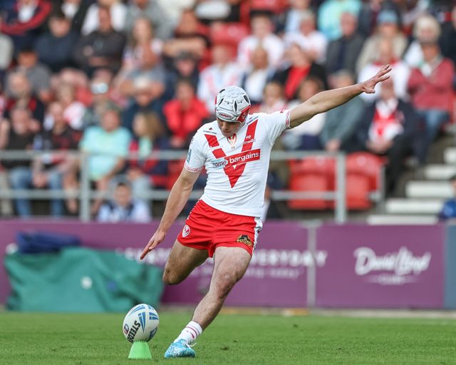 George Whitby of St. Helens converts for a goal during the Betfred Super League Round 11 match St Helens vs Catalans Dragons at Totally Wicked Stadium, St Helens, United Kingdom, 15th May 2025

(Photo by Mark Cosgrove/News Images)