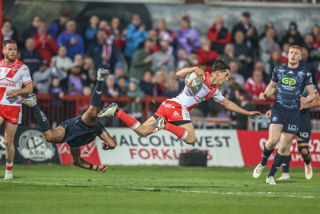 Arthur Mourgue of Hull KR is tackled by Bevan French of Wigan Warriors during the Betfred Super League Round 7 match Hull KR vs Wigan Warriors at Sewell Group Craven Park, Kingston upon Hull, United Kingdom, 11th April 2025

(Photo by Alfie Cosgrove/News Images)