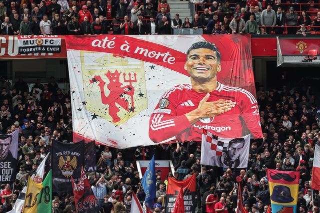 A thank you Casemiro of Manchester United flag as he plays his last home game for United during the Premier League match Manchester United vs Nottingham Forest at Old Trafford, Manchester, United Kingdom on 17 May 2026

(Photo by Mark Cosgrove/News Images)