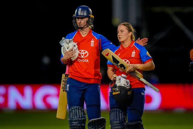 Alice Capsey of England and Freya Kemp of England celebrate scoring the wining runs and winning the match during the England Women v New Zealand 1st Vitality IT20 match at The Central Co-Op County Ground, Derby, United Kingdom on 20 May 2026

(Photo by Maynard Manyowa/News Images)