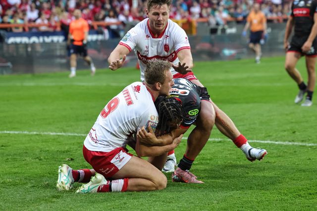 Austin Daniel of Wigan Warriors is tackled by Jez Litten of Hull KR during the Betfred Super League round 12 match Hull KR vs Wigan Warriors at Sewell Group Craven Park, Hull, United Kingdom on 21 May 2026

(Photo by Mark Cosgrove/News Images)
