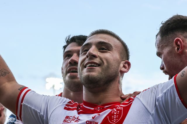 Mikey Lewis of Hull KR celebrates his try making it 6-0 during the Betfred Super League Semi Final 2 match Hull KR vs St Helens at Sewell Group Craven Park, Kingston upon Hull, United Kingdom, 3rd October 2025

(Photo by Alfie Cosgrove/News Images)