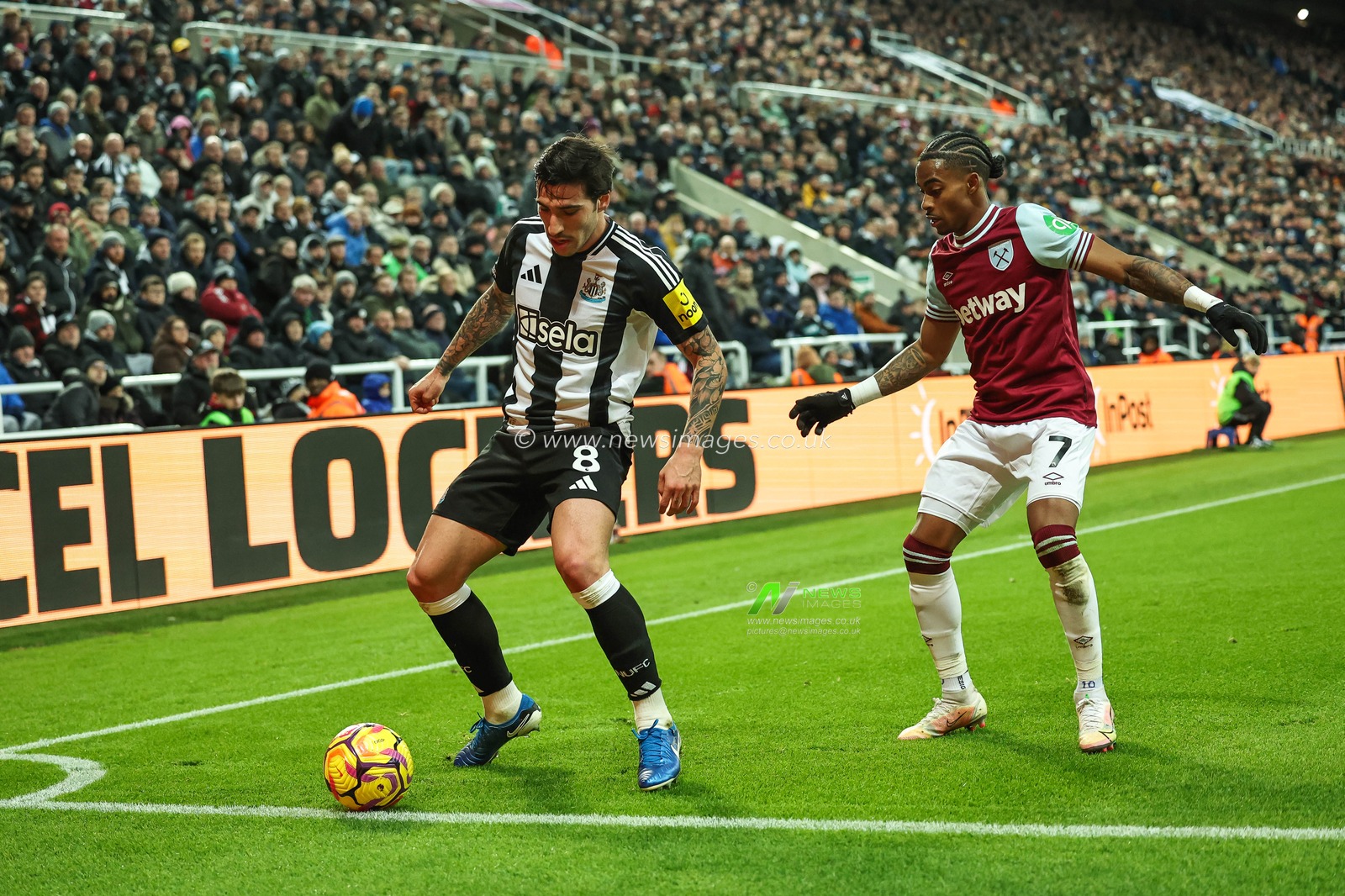 Sandro Tonali of Newcastle United shields the ball from Crysencio Summerville of West Ham United during the Premier League match Newcastle United vs West Ham United at St. James's Park, Newcastle, United Kingdom, 25th November 2024

(Photo by Mark Cosgrove/News Images)
