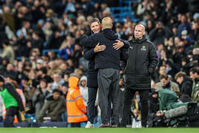 Oliver Glasner manager of Crystal Palace embraces Josep Guardiola manager of Manchester City after the game during the Premier League match Manchester City vs Crystal Palace at Etihad Stadium, Manchester, United Kingdom on 13 May 2026

(Photo by Mark Cosgrove/News Images)