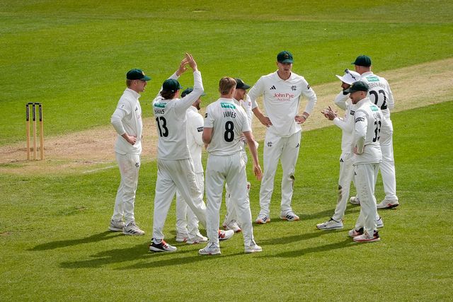 Nottinghamshire celebrate the wicket of Rishi Patel during the County Championship Division One day 3 Leicestershire vs Nottinghamshire at Grace Road, Leicester, United Kingdom on 03 May 2026

(Photo by Maynard Manyowa/News Images)