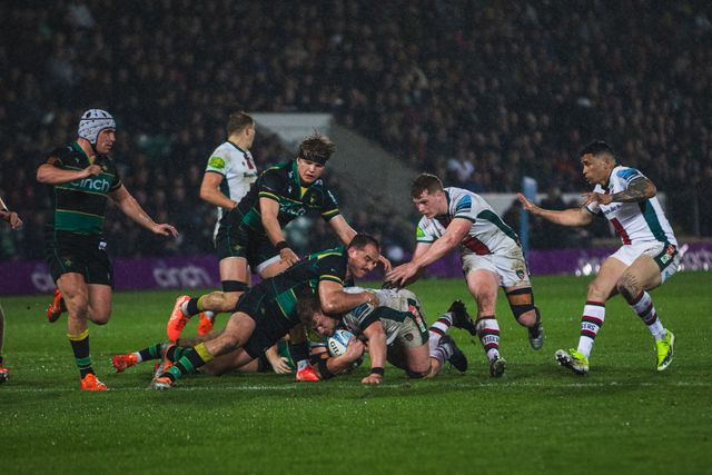 Olly Cracknell gets brought down on a charge during the Gallagher Premiership match Northampton Saints vs Leicester Tigers at Cinch Stadium at Franklin's Gardens, Northampton, United Kingdom, 21st March 2025

(Photo by Craig Evans/News Images)
