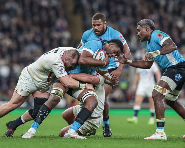 Elia Canakaivata of Fiji is tackled by Ellis Genge and Joe Heyes of England during the Quilter Nations Series 2025 match England vs Fiji at Allianz Stadium, Twickenham, United Kingdom, 8th November 2025

(Photo by Mark Cosgrove/News Images)

*** GER AUT SUI OUT ***