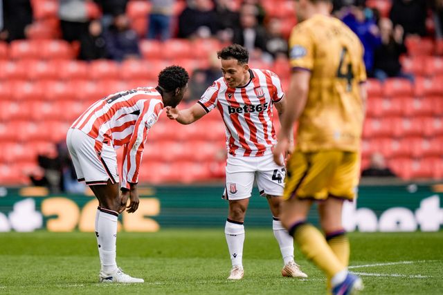 Jesurun Rak-Sakyi of Stoke City celebrates his goal to make it  1-1 with Million Manhoef of Stoke City during the Sky Bet Championship match Stoke City vs Blackburn Rovers at Bet365 Stadium, Stoke On Trent, United Kingdom on 11 April 2026

(Photo by Maynard Manyowa/News Images)