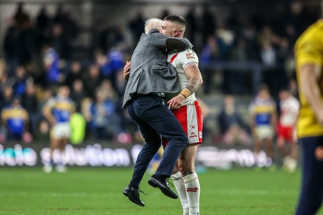Eamonn McManus, chairman and owner of St Helens Rugby Club celebrates the win with Curtis Sironen of St. Helens during the Betfred Super League play-off Eliminator 1 match Leeds Rhinos vs St Helens at Headingley Stadium, Leeds, United Kingdom, 27th September 2025

(Photo by Alfie Cosgrove/News Images)