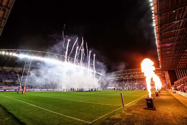 The pre-game firework and pyrotechnic display during the Betfred Super League round 27 match Wigan Warriors vs Leeds Rhinos at The Brick Community Stadium, Wigan, United Kingdom, 19th September 2025

(Photo by Alfie Cosgrove/News Images)