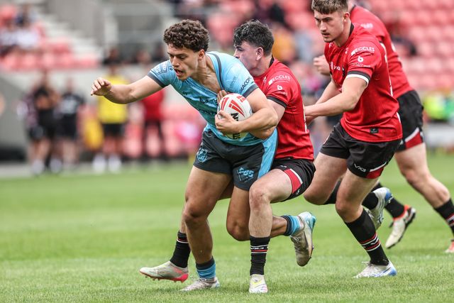 Lewis Martin of Hull FC is tackled during the Betfred Super League round 15 match Salford Red Devils vs Hull FC at Salford Community Stadium, Eccles, United Kingdom, 22nd June 2025

(Photo by Alfie Cosgrove/News Images)