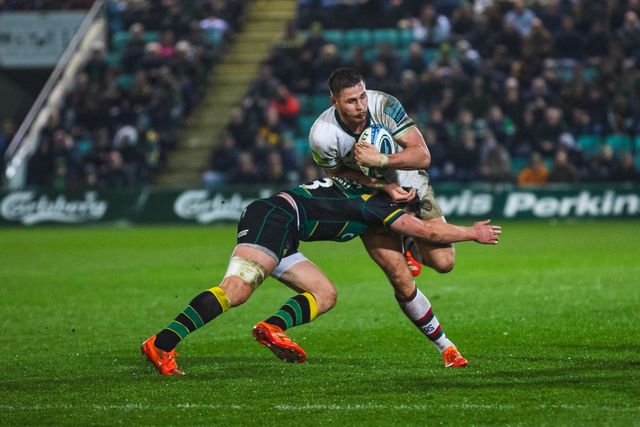 Freddie Steward gets tackles during the Gallagher Premiership match Northampton Saints vs Leicester Tigers at Cinch Stadium at Franklin's Gardens, Northampton, United Kingdom, 21st March 2025

(Photo by Craig Evans/News Images)