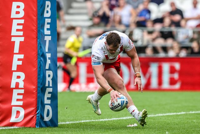 Morgan Knowles of St. Helens goes over for a try during the Betfred Super League round 16 match St Helens vs Salford Red Devils at Totally Wicked Stadium, St Helens, United Kingdom, 29th June 2025

(Photo by Alfie Cosgrove/News Images)