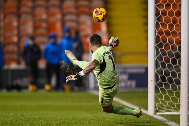 Richard O'Donnell of Blackpool saves a penalty during the Vertu Trophy match Blackpool vs Aston Villa U21 at Bloomfield Road, Blackpool, United Kingdom, 17th December 2024

(Photo by Craig Thomas/News Images)