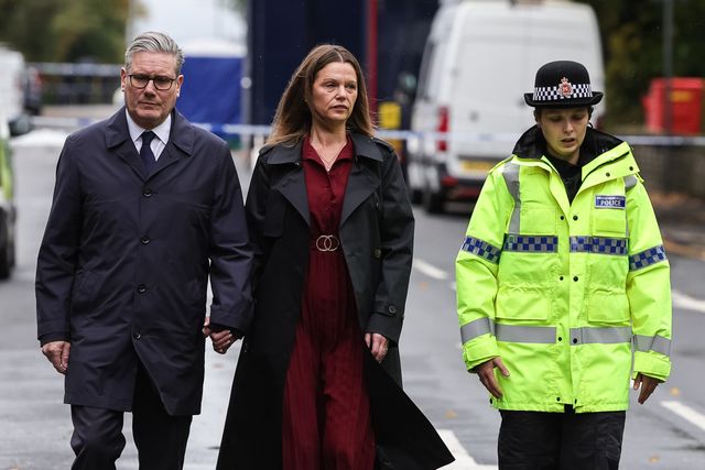 Sir Keir Starmer, Prime Minister of the United Kingdom of Great Britain and Northern Ireland and his wife Victoria, Lady Starmer hold hands as they leave the scene during the Manchester synagogue terror attack day 2 at Heaton Park Shul, Manchester, United Kingdom, 3rd October 2025

(Photo by Mark Cosgrove/News Images)