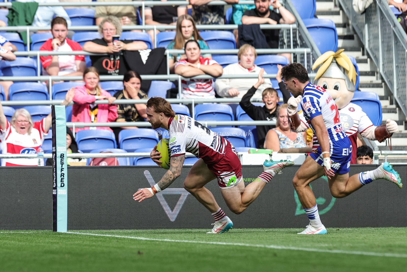 Adam Keighran of Wigan Warriors goes over for a try during the Betfred Super League Magic Weekend match Wigan Warriors vs St Helens at Hill Dickinson Stadium, Liverpool, United Kingdom on 05 July 2026

(Photo by Mark Cosgrove/News Images)