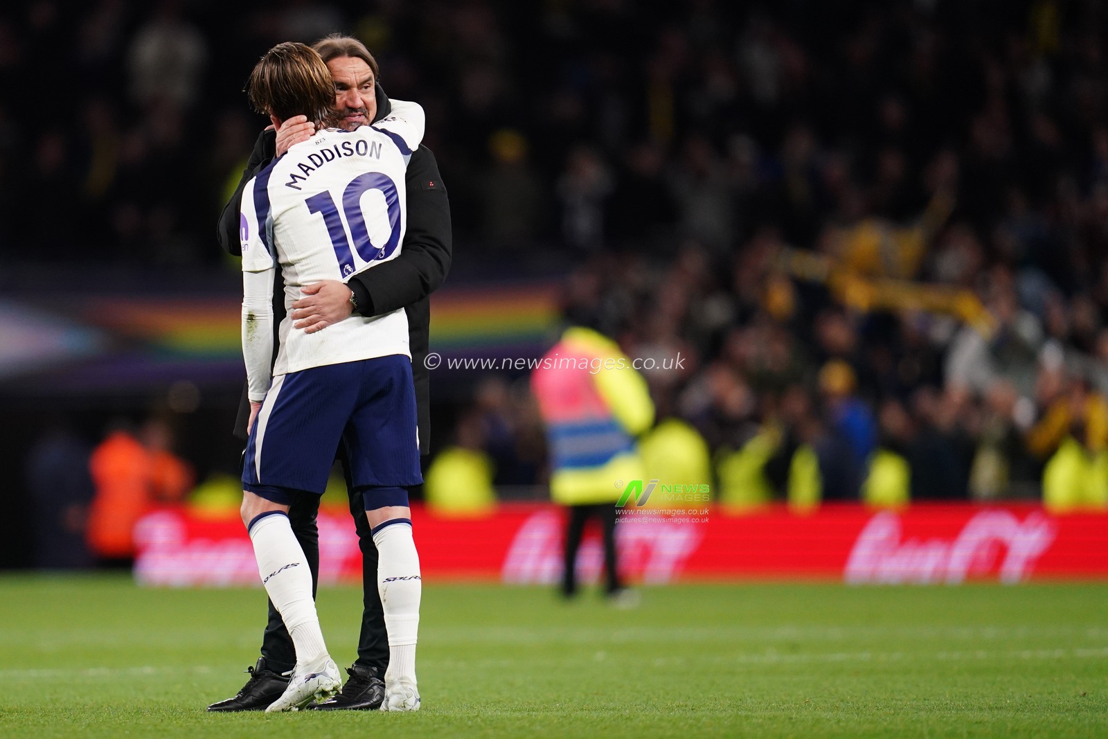 James Maddison of Tottenham Hotspur and Daniel Farke manager of Leeds United at full time during the Premier League match Tottenham Hotspur vs Leeds United at Tottenham Hotspur Stadium, London, United Kingdom on 11 May 2026

(Photo by Harvey Murphy/News Images)