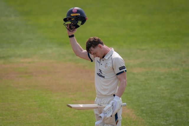 Brooke Guest of Derbyshire celebrates scoring his hundred during the County Championship Division Two Derbyshire vs Northamptonshire day one match at The Central Co-Op County Ground, Derby, United Kingdom on 08 May 2026

(Photo by Maynard Manyowa/News Images)