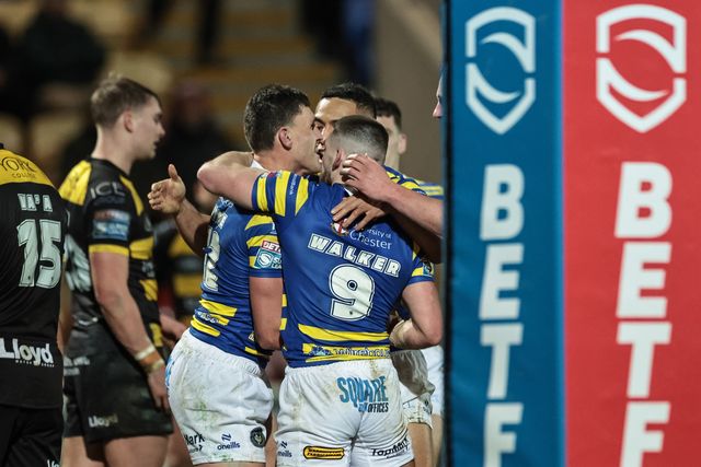 Sam Stone of Warrington Wolves celebrates his try during the Betfred Super League Round 4 match York Knights vs Warrington Wolves at LNER Community Stadium, York, United Kingdom on 06 March 2026

(Photo by Mark Cosgrove/News Images)