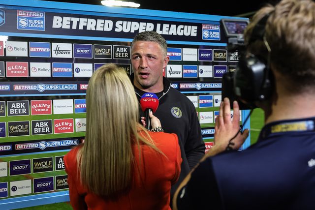 Sam Burgess head coach of Warrington Wolves interviews post match by Jenna Brooks of Sky Sports Rugby League during the Betfred Super League round 9 match Warrington Wolves vs Wigan Warriors at The Halliwell Jones Stadium, Warrington, United Kingdom on 24 April 2026

(Photo by Mark Cosgrove/News Images)