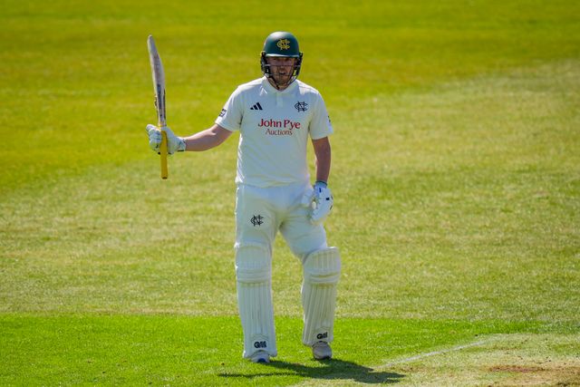 Ben Slater of Nottinghamshire celebrates scoring his 50 and raises his bat to acknowledge the fans and team mates on reaching a half century during Leicestershire County Cricket Club vs Nottinghamshire County Cricket Club in Country Cricket Division One Day 1 at Grace Road, Leicester, United Kingdom on 01 May 2026

(Photo by Maynard Manyowa/News Images)