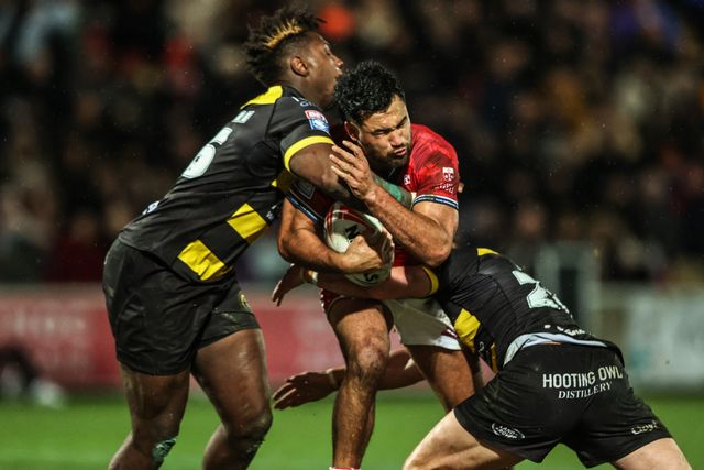 Peta Hiku of Hull KR is tackled by Justin Sangare of York Knights and Oli Field of York Knights during the Betfred Super League Round 1 match York Knights vs Hull KR at LNER Community Stadium, Lincoln, United Kingdom on 12 February 2026

(Photo by Alfie Cosgrove/News Images)