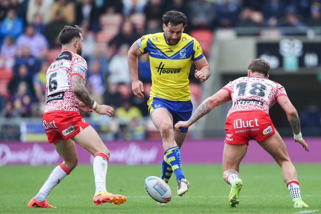 Toby King of Warrington Wolves in action during the Betfred Super League Round 8 match Leigh Leopards vs Warrington Wolves at Leigh Sports Village, Leigh, United Kingdom, 19th April 2025

(Photo by Gareth Evans/News Images)