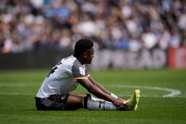 Jaydon Banel of Derby County goes down injured, receives treatment after an injury and is substituted off during the Sky Bet Championship match Derby County vs Sheffield United at Pride Park Stadium, Derby, United Kingdom on 02 May 2026

(Photo by Maynard Manyowa/News Images)