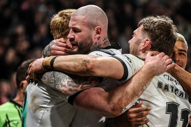 Harvey Barron of Hull FC celebrates his try during the Betfred Super League round 1 match Hull FC vs Bradford Bulls at MKM Stadium, Hull, United Kingdom on 14 February 2026

(Photo by Alfie Cosgrove/News Images)