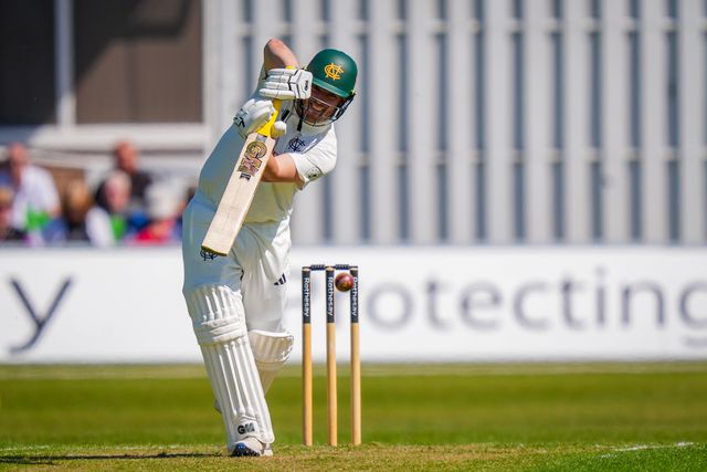 Ben Slater of Nottinghamshire drives the ball down the ground for four during Leicestershire County Cricket Club vs Nottinghamshire County Cricket Club in Country Cricket Division One Day 1 at Grace Road, Leicester, United Kingdom on 01 May 2026

(Photo by Maynard Manyowa/News Images)