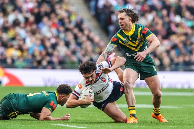 Herbie Farnworth of England is tackled during the The Ashes Series 2025 England vs Australia at Wembley Stadium, London, United Kingdom, 25th October 2025

(Photo by Alfie Cosgrove/News Images)