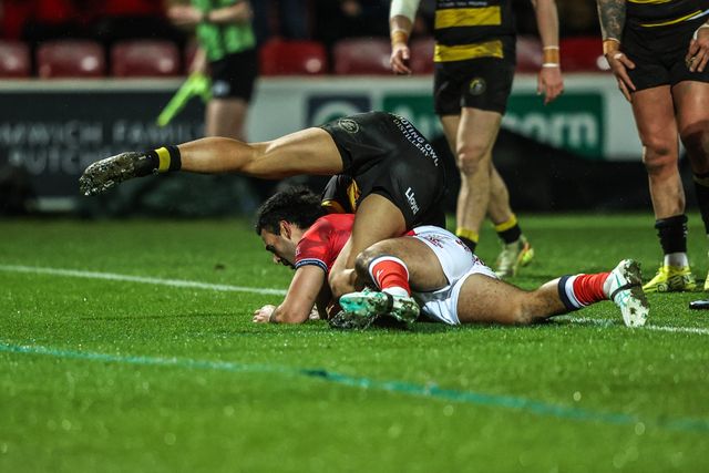 Tyrone May of Hull KR goes over for a try making it 0-4 during the Betfred Super League Round 1 match York Knights vs Hull KR at LNER Community Stadium, Lincoln, United Kingdom on 12 February 2026

(Photo by Alfie Cosgrove/News Images)