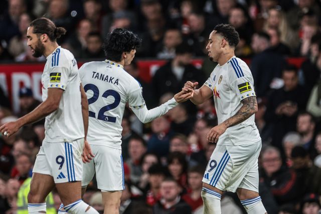 Noah Okafor of Leeds United celebrates his goal to make it 0-2 during the Premier League match Manchester United vs Leeds United at Old Trafford, Manchester, United Kingdom on 13 April 2026

(Photo by Mark Cosgrove/News Images)